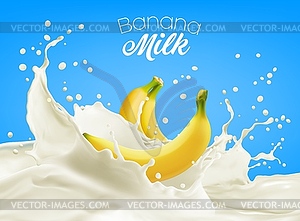 Realistic banana milk or yougurt with splashes - vector image