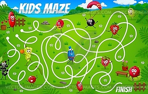 Labyrinth maze, cartoon cheerful berry characters - vector clipart