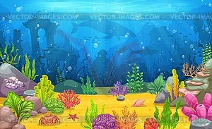 Подводный пейзаж с морским животным, затонувший город - стоковое векторное изображение