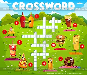 Crossword quiz game, cartoon fast food on yoga - vector image