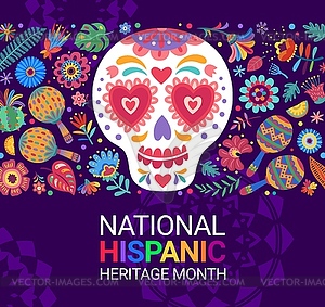 Calavera sugar skull and flowers, hispanic month - vector image