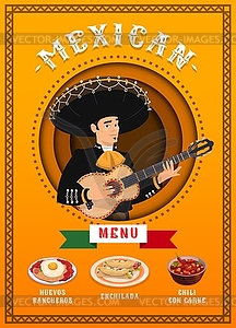 Mexican cuisine menu page with mariachi and food - vector clipart