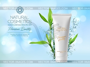 Realistic water cosmetics, splash and cream tube - vector clip art