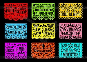 Мексиканские флаги, вырезанные из бумаги, открытки dia de los muertos - векторное изображение клипарта