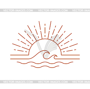 Linear boho icon, sunrise or sunset on sea waves - vector clip art
