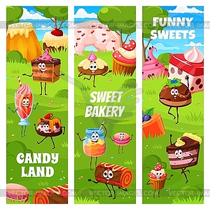 Мультяшные десерты и кондитерские изделия с персонажами Candy party - векторный клипарт EPS