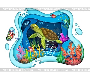 Cartoon turtle, paper cut sea underwater landscape - vector clipart