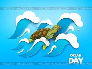 World oceans day, cartoon turtle in paper cut sea - vector clipart / vector image