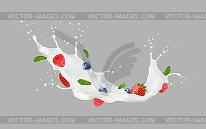 Realistic milk drink or yogurt splash and berries - royalty-free vector clipart