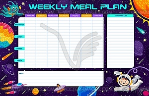 Weekly meal planner with funny astronaut and alien - vector clip art