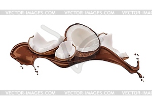 Chocolate milk flow splash, coconut sweet dessert - vector clipart