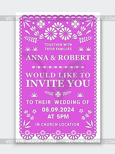 Wedding invitation banner paper cut mexican style - vector image