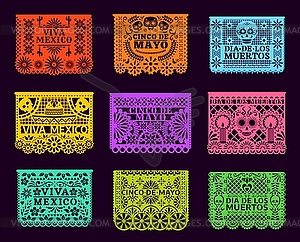 Mexican paper cut holiday flags, papel picado - vector image