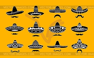 Набор значков мексиканской шляпы-сомбреро и усов - векторный клипарт