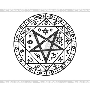Circle magic pentagram, round ethnic amulet sketch - vector image