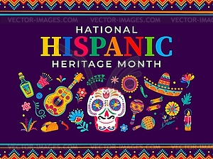 Calavera skull, flower on hispanic heritage banner - vector clip art