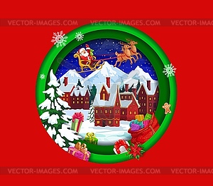 Christmas paper cut cartoon flying santa on sleigh - vector clip art