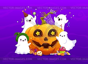 Halloween kawaii ghosts characters and pumpkin - vector image
