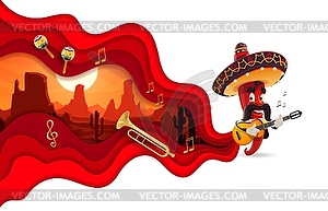 Paper cut banner, Mexican mariachi pepper, desert - vector clipart