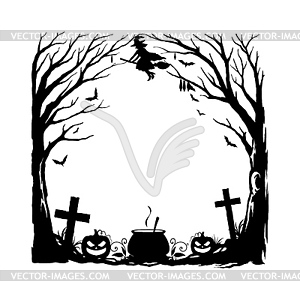 Halloween holiday black frame with cemetery, witch - vector clipart
