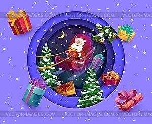 Christmas paper cut banner flying santa on sleigh - vector image