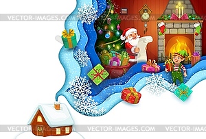 Christmas paper cut fireplace and santa with list - vector clipart