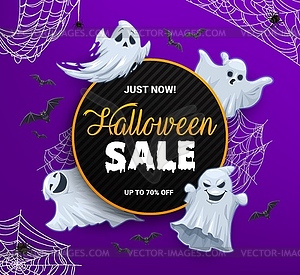 Halloween sale banner, cartoon ghosts and spiders - vector image