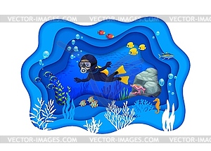 Young diver on cartoon sea paper cut landscape - vector clipart / vector image
