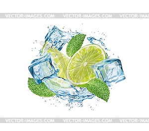 Realistic mojito drink round splash, lime and ice - vector clip art
