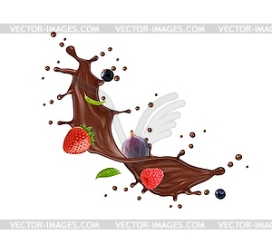 Choco cream, chocolate milk splash with berries - royalty-free vector clipart