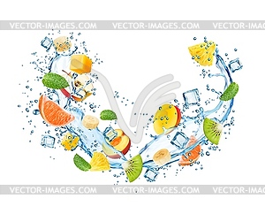 Liquid water wave splash with fruits, mint leaves - vector image