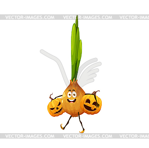 Мультяшный луковый персонаж с тыквами на Хэллоуин - векторная графика