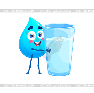 Cartoon happy water drop character with glass - vector clip art