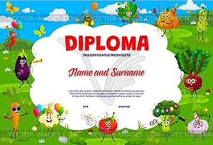 Kids diploma, cute vegetable characters at party - vector clipart
