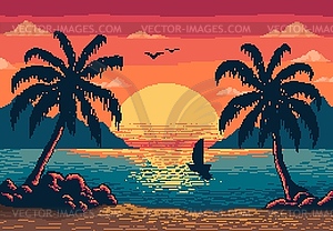 8 bit pixel art, sunset beach landscape background - vector clipart