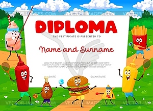 Diploma with fastfood characters on sport vacation - vector image