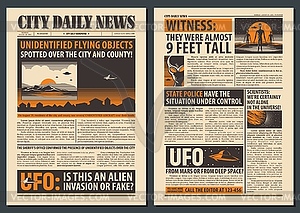 Newspaper template. Extraterrestrial alien, UFO - vector clipart