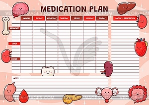 Weekly medication planner with organs characters - vector image