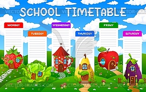 Cartoon fairytale house village timetable schedule - vector image