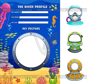Frogman or diver profile form, kids information - vector image