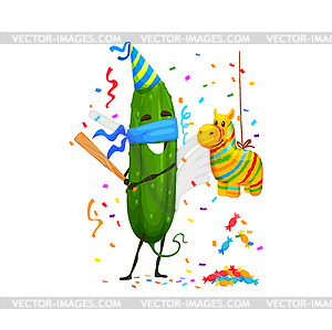 Cartoon cucumber vegetable character on birthday - vector image