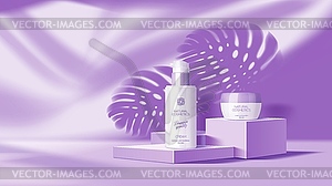 Purple or lavender podium mockup with cosmetics - vector image