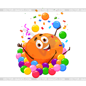 Cartoon orange fruit character on birthday party - vector clipart