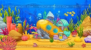 Cartoon sea underwater landscape, submarine house - vector clipart