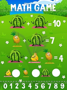 Math game worksheet cartoon fruit on yoga fitness - vector image