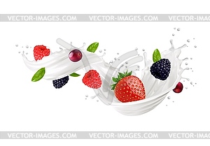 Milk wave splash with forest berries, dairy drink - vector clipart