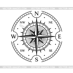 Old compass, vintage map wind rose star directions - vector image