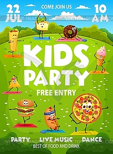 Kids party flyer, cartoon funny fast food on yoga - vector image