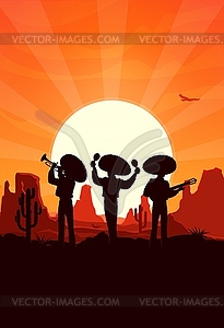 Mexican mariachi musicians silhouettes at desert - vector image