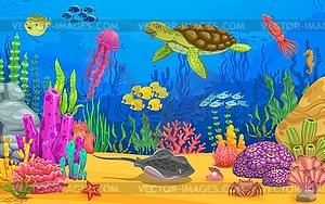 Мультяшные морские животные, черепаха, скат, медуза - векторный графический клипарт